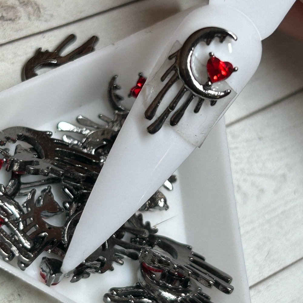 100 Silver and Red Moon Nail Charms